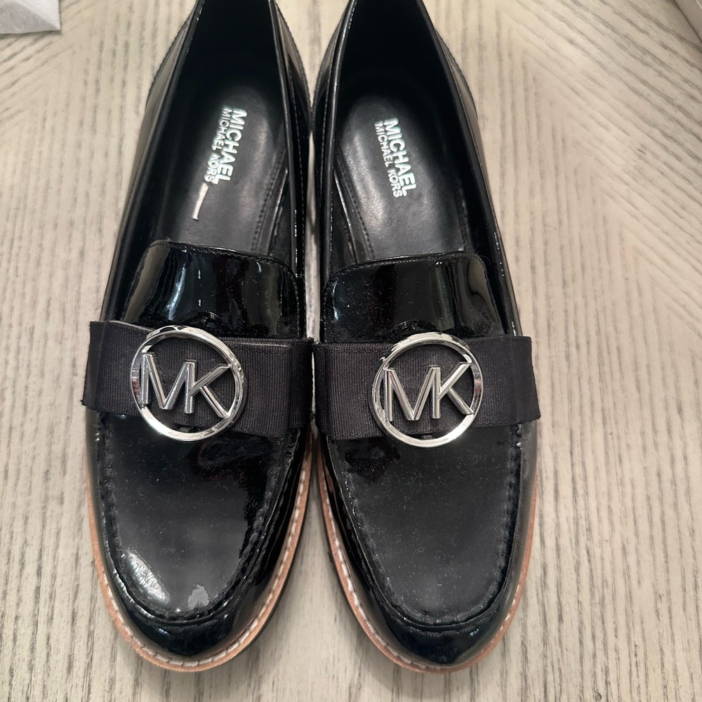 Michael Kors Shiny Black Loafers with Silver Accent